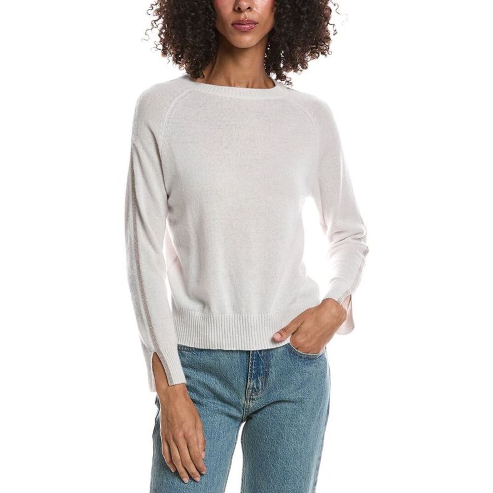 Brodie Cashmere Womens  Glitz Split Cuff Crewneck 100% Cashmere Sweater, Gray